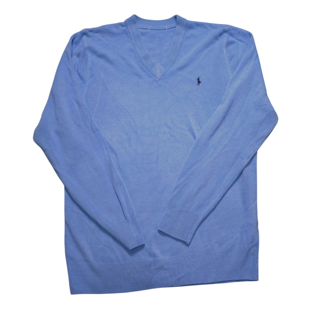 Polo Ralph Lauren Mens Medium Litchfield Blue 100% Cashmere V-Neck Sweater Logo